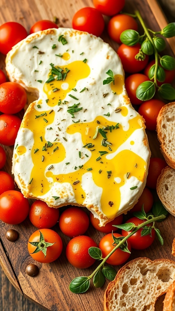 Baked feta cheese with cherry tomatoes and herbs, served with crusty bread on a wooden board.